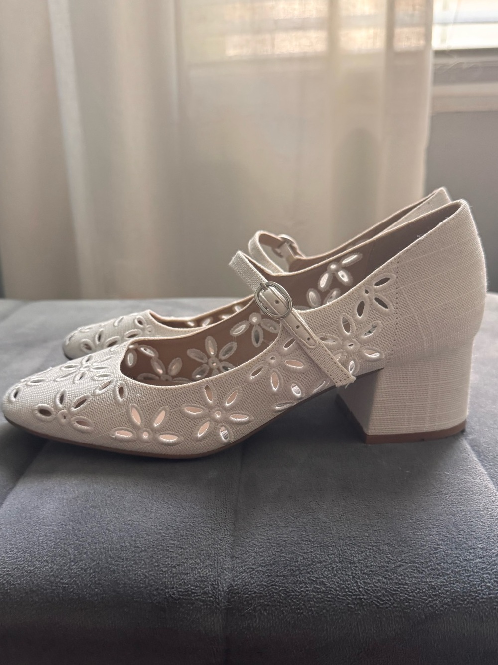 Steve Madden Cream Floral Cutout Mary Jane Heel with Button Strap